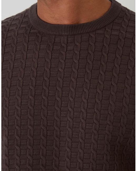 Threadbare Brown Cable Knit Crew Neck Jumper for men