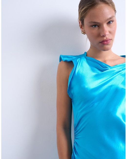 TOPSHOP Blue Grown On Shoulder Ruched Waist Mini Dress