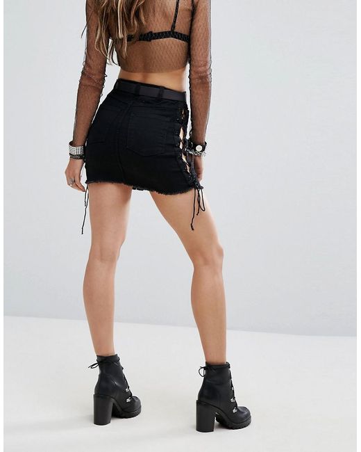 PrettyLittleThing Lace-up Side Denim Skirt in Black | Lyst