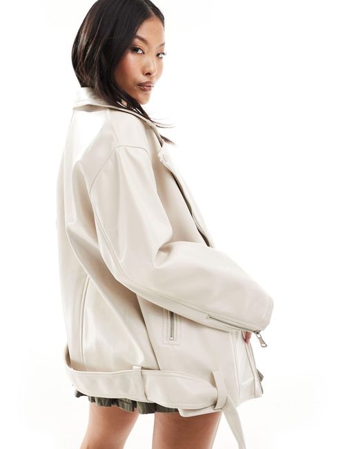 ASOS White Asos Design Petite Longline Oversized Faux Leather Biker Jacket