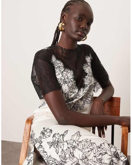 ARRANGE Natural Satin Lace Applique Embroidered Column Midi Dress