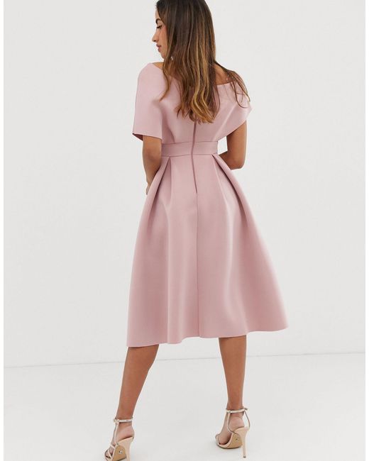 asos fallen shoulder midi prom dress with tie detail ASOS Fallen Shoulder Midi Prom Dress With Tie Detail in Pink