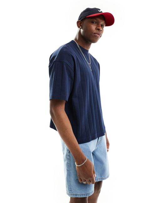 ASOS Blue Oversized Boxy Fit Textured Rib T-shirt for men