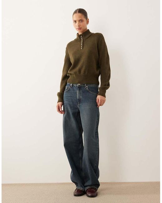 Mango Green Button Detail High Neck Sweater