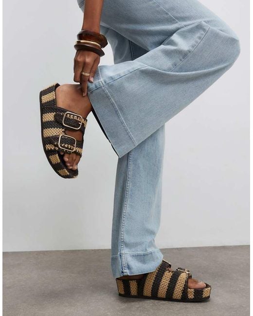 River Island Blue Stripe Raffia Footbed Sandals