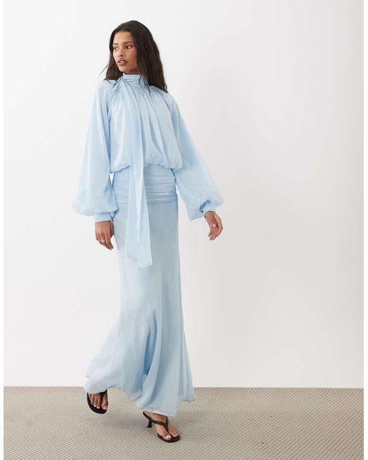 ASOS Blue High Neck Drape Chiffon Maxi Dress With Neck Tie
