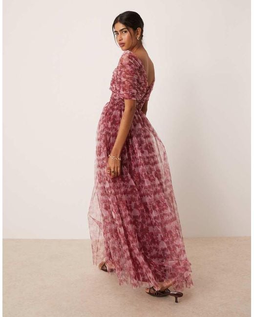 LACE & BEADS Red Bow Off Shoulder Tulle Maxi Dress