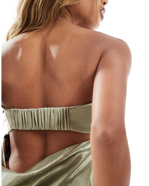 In The Style Green Exclusive Liquid Satin Bandeau Cut Out Back Maxi Dress