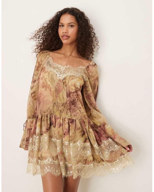 ASOS Natural Long Sleeve Sweetheart Neckline Frilly Mini Dress