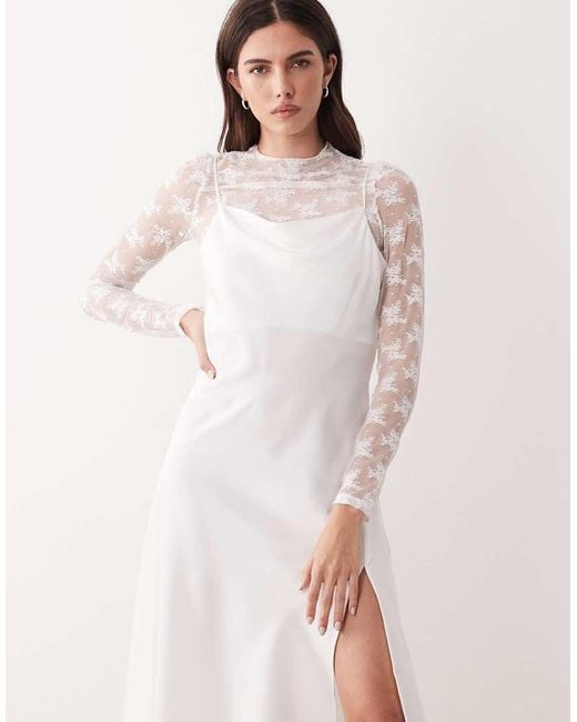 Y.A.S Natural Long Sleeve Lace Underlay Cami Satin Dress