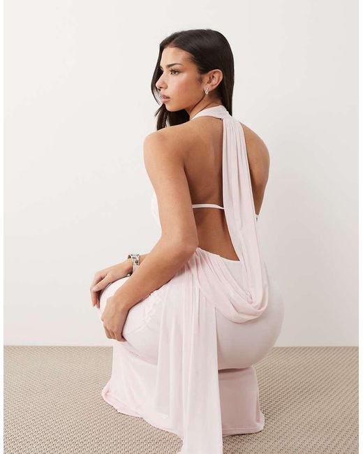 ASOS Pink Mesh Scooped Halter Neck Maxi Dress With Open Back Draped Sash Detail