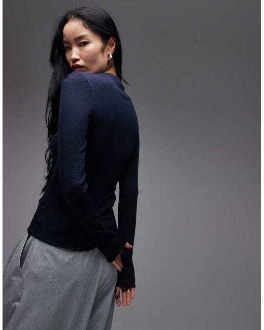 ARKET Blue Merino Wool Knitted Semi Sheer Wide Rib Mock Neck Top