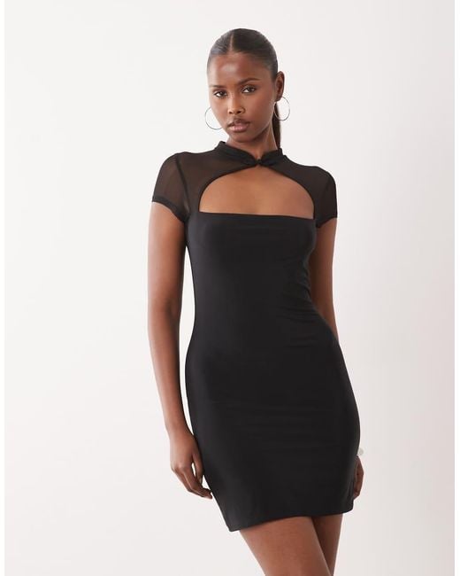 ASOS Natural Slinky Rouleau Loop Mini Dress With Mesh Cutout