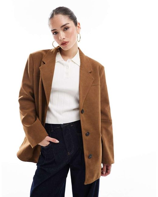 Bershka Brown Oversized Faux Suede Blazer