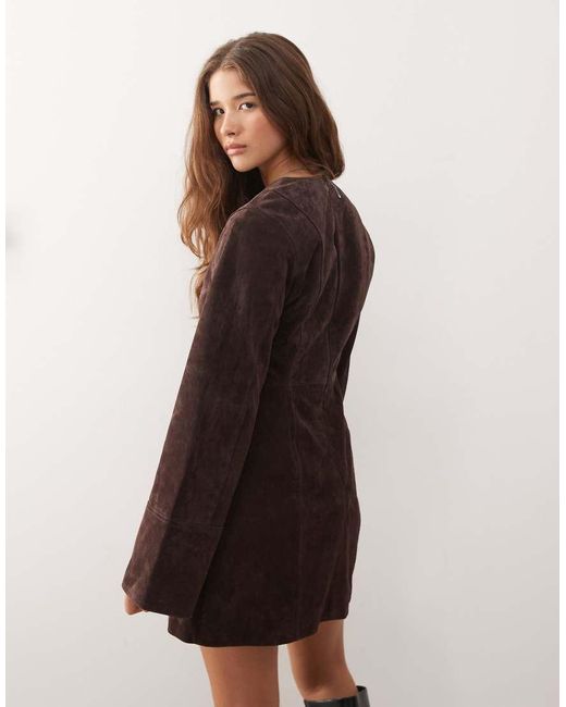 Reclaimed Vintage Brown Real Suede Mini Tailored Dress With Cinched Waist