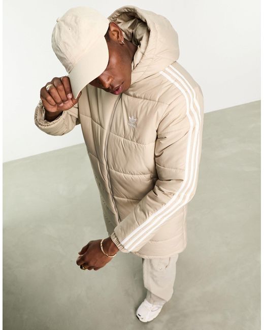 Adidas Originals Natural 3 Stripe Hooded Long Puffer Jacket for men