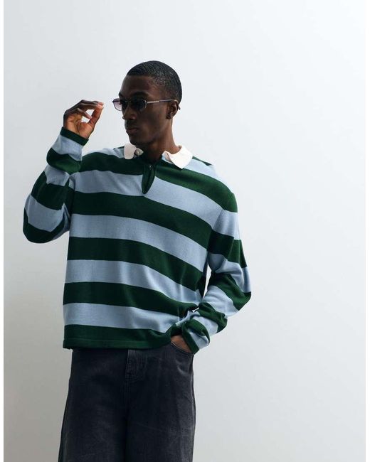 ASOS Green Relaxed Knitted Long Sleeve Striped Rugby Polo for men