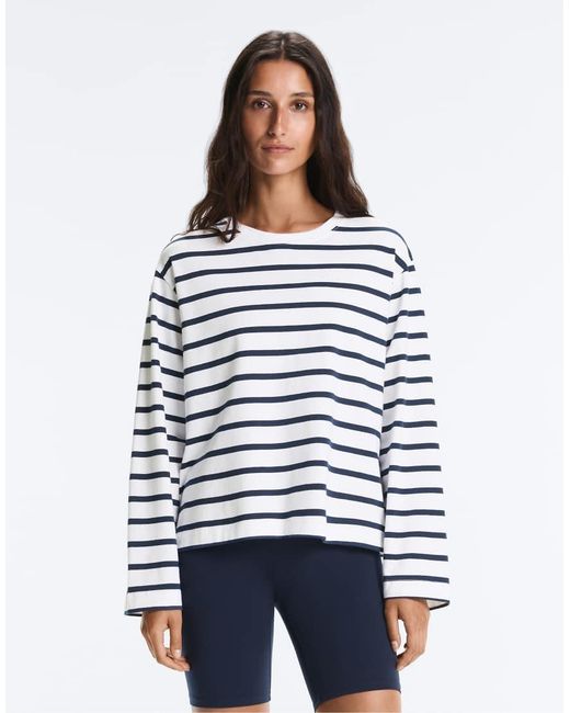 Oysho White Boxy Oversize Striped Cotton Blend Long Sleeve T-Shirt