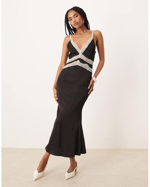 Never Fully Dressed Black Contrast Lace Insert Satin Midaxi Dress