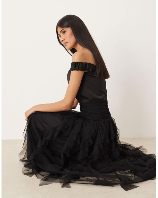 LACE & BEADS Black Bardot Drop Hem Ruffle Maxi Dress