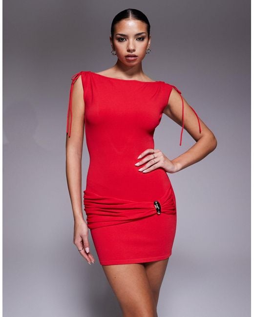 I.AM.GIA Red Sugar Slash Neck Ruched Detail Open Back Side Metal Hardware Mini Dress