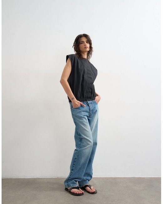 TOPSHOP Black Soft Zip Through Structured Shoulder Top