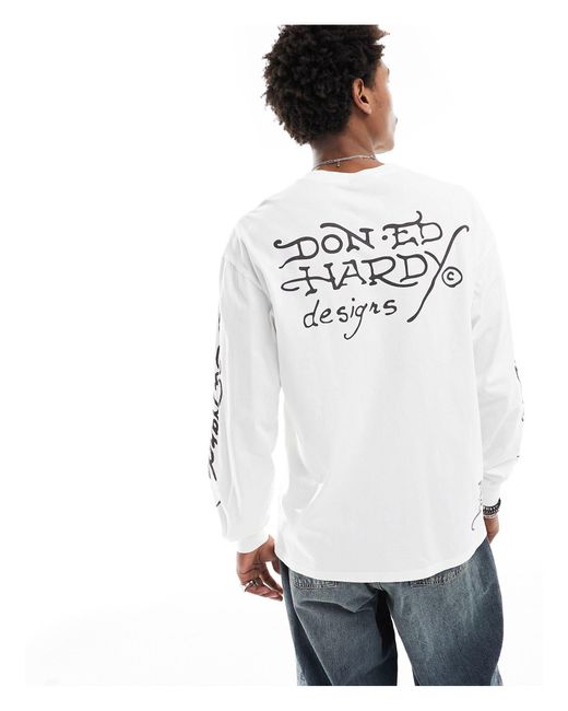 Ed Hardy White Long Sleeve Skater T-shirt With Mix Graphics for men