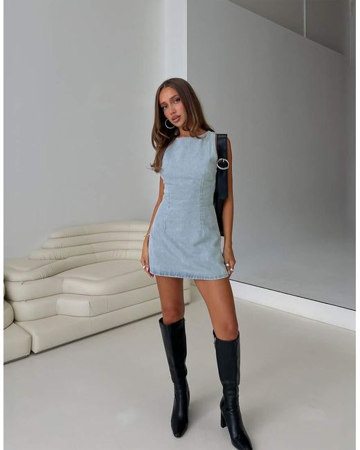 Princess Polly Blue Ainsleigh Cotton Rich Denim Tie Back Detail Mini Dress