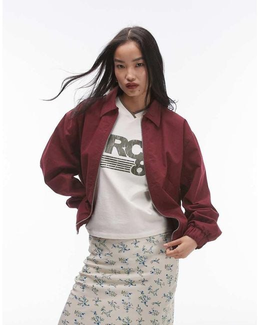 TOPSHOP Red Oversized Cotton Collar Bomber Jacket