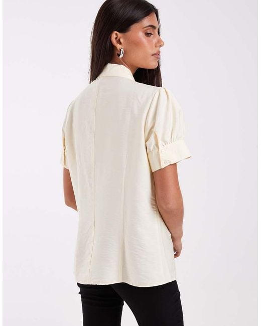 ASOS Natural Bow Blouse With Puff Ball Sleeve