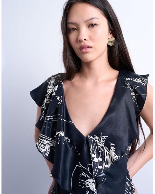 Robe volantée longue à imprimé fleuri et bords bruts - et blanc TOPSHOP en coloris Blue