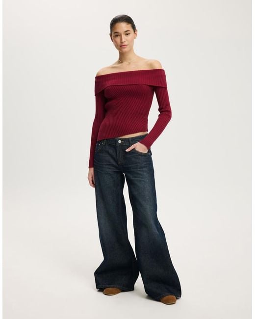 Cotton On Red Asym Rib Off Shoulder Knit