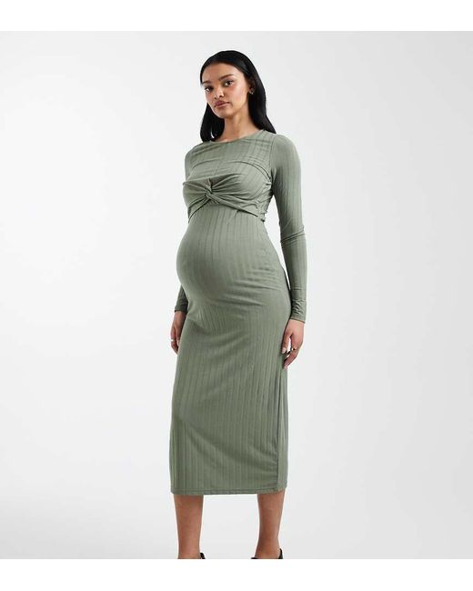 Mama.licious Green Mamalicious Maternity Long Sleeve 2 Function Nursing Ribbed Midi Dress
