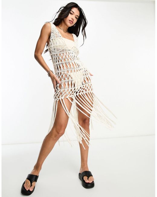 ASOS Knitted Macrame Mini Dress With Fringe Dress in White | Lyst Canada