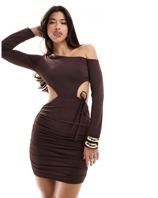 ASOS Brown Slinky Slash Neck Mini Dress With Cut Outs