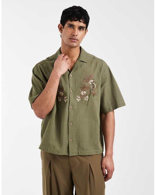 ASOS Green Oversized Boxy Shirt With Floral Chest Embroidery for men