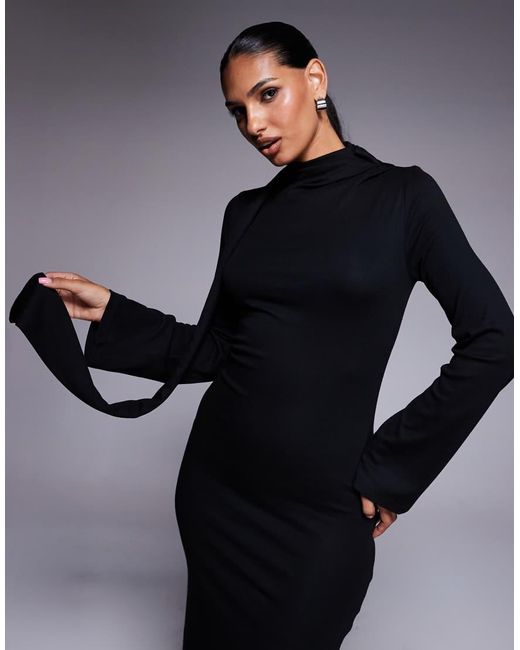ASOS Blue Scarf Detail Fluted Sleeve Midi Dress
