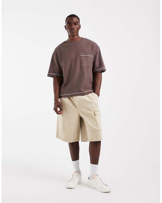 ASOS Brown Heavyweight Boxy Oversized T-Shirt With Contrast Stich for men