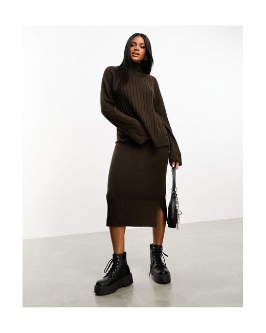 Threadbare Black Genine Knitted Midi Skirt And Roll Neck Jumper Set