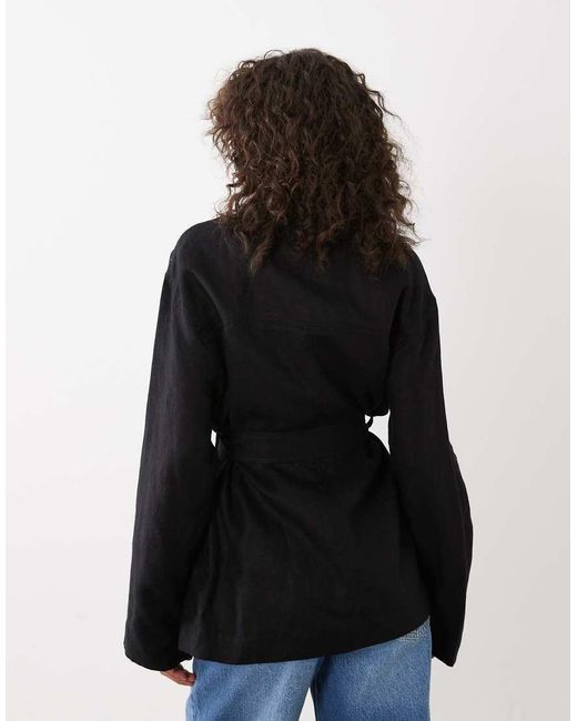 Mango Blue 100% Linen Tailored Jacket With Belt Detail