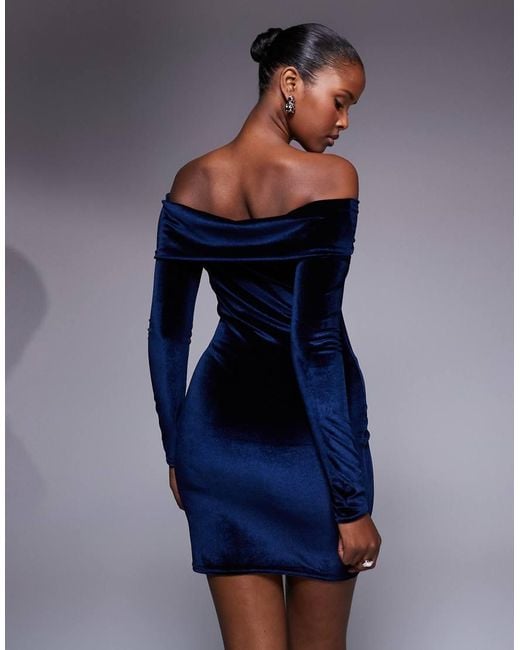 Kaiia Blue Exclusive Bardot Sweetheart Neckline Long Sleeve Mini Dress