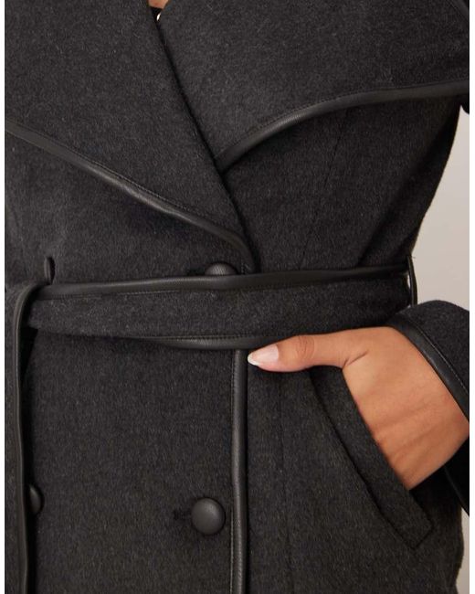 SNDY'S Multicolor Wool Look Faux Leather Trim Collared Belted Double Breasted Maxi Coat