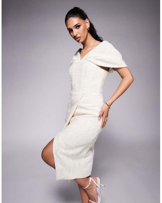 Lavish Alice Purple Draped Bardot Sequin Boucle Midi Dress