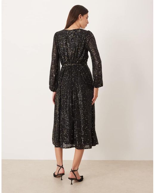 Lovedrobe Natural Sequin Faux Wrap Long Sleeve Midi Dress