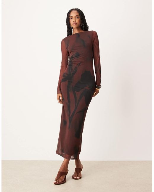 ASOS Natural Mesh Long Sleeve Midi Dress