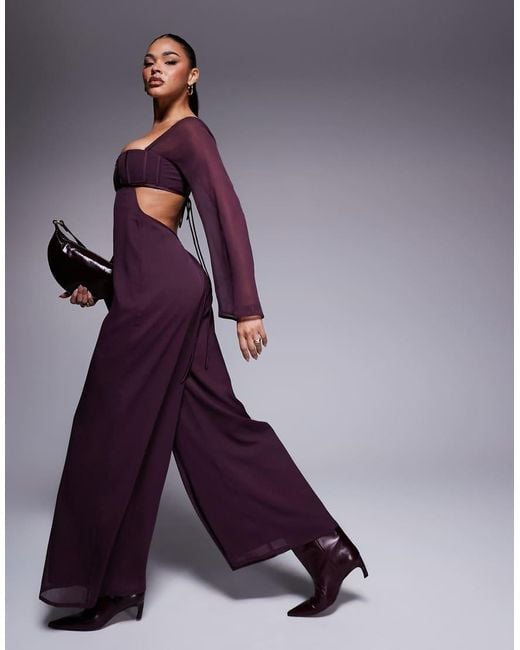 ASOS Purple Satin Corset Bust Wide Leg Jumpsuit With Cut Out