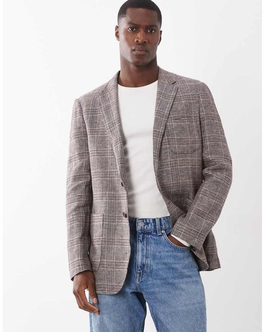 Mango Gray Nella 100% Linen Checked Blazer for men