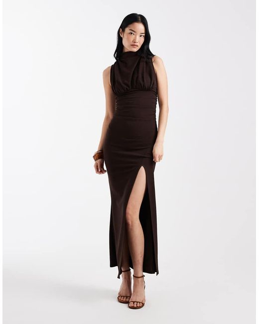 ASOS White Ruched Bodice Maxi Dress With Grown On Neck