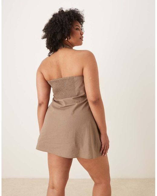 ASOS Brown Asos Design Curve Cotton Linen Blend Halter Neck Wrap Mini Sundress