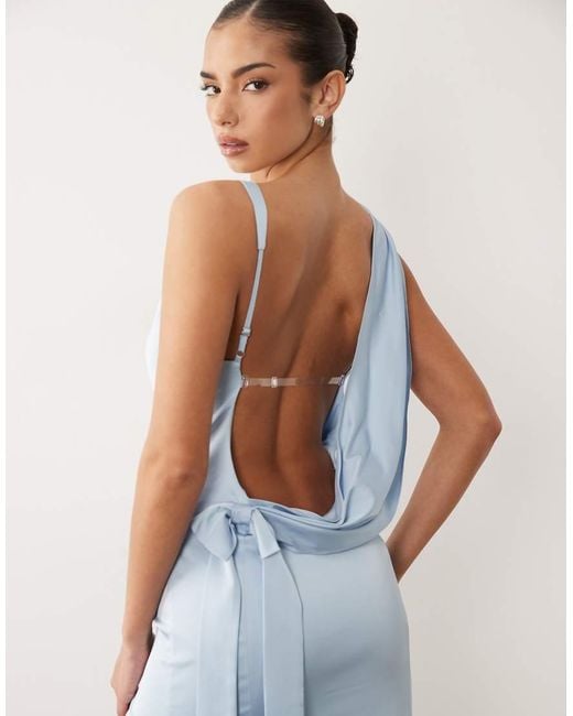 Oh Polly Blue Satin Cowl Drape Open Back Detail Thigh Split Maxi Dress